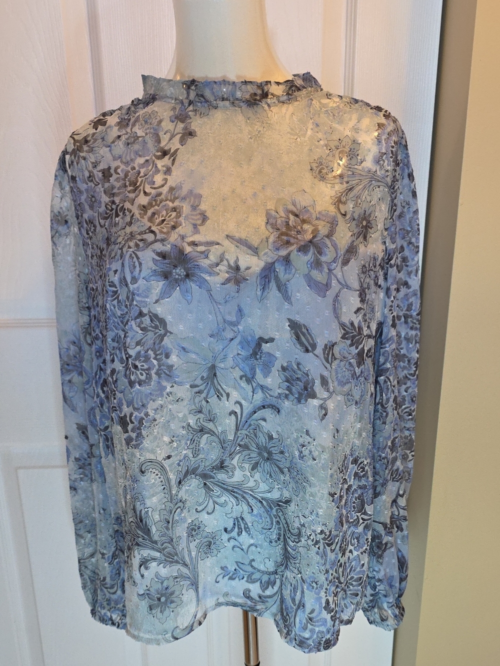 NWT LOFT Blue Floral Sheer Ruffle-Neck Blouse